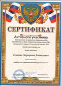 Сертификат активного участника мероприятия по развитию образования РФ, проводимого на базе "Всероссийская Выставка РФ" 2017